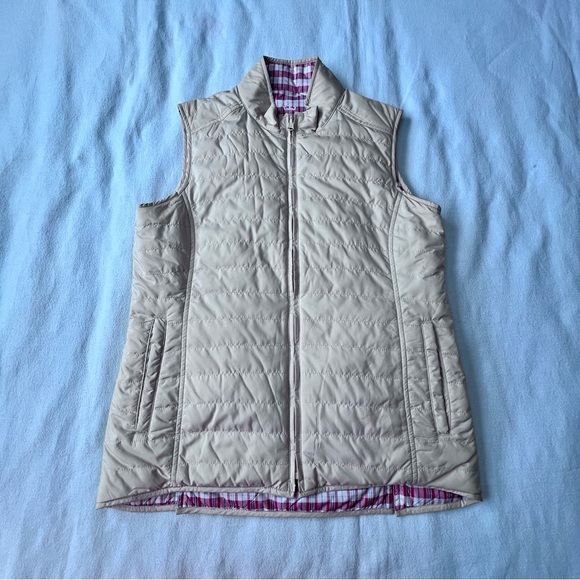 Peter Millar Women's Keenland Flora Reversible Puffer Vest Beige and Red Plaid M - Picture 5 of 12